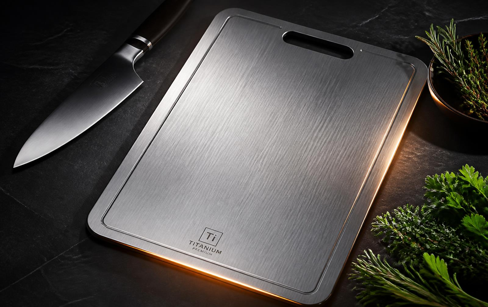Katori titanium cutting board on a dark counter with a chef knife and fresh herbs
